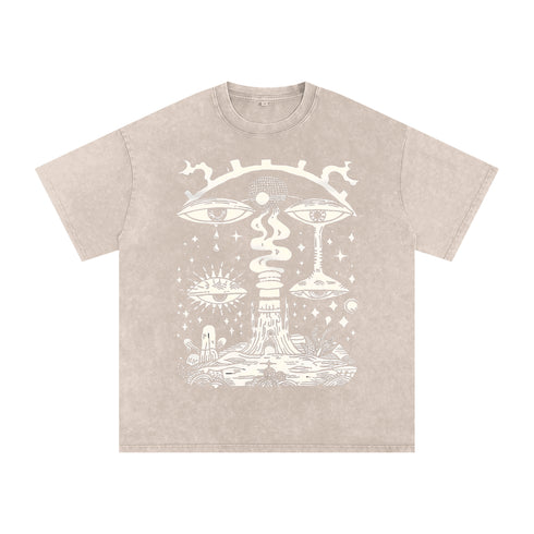 Paradoxical Perspective acid wash tee in beige with psychedelic eyes and cosmic design