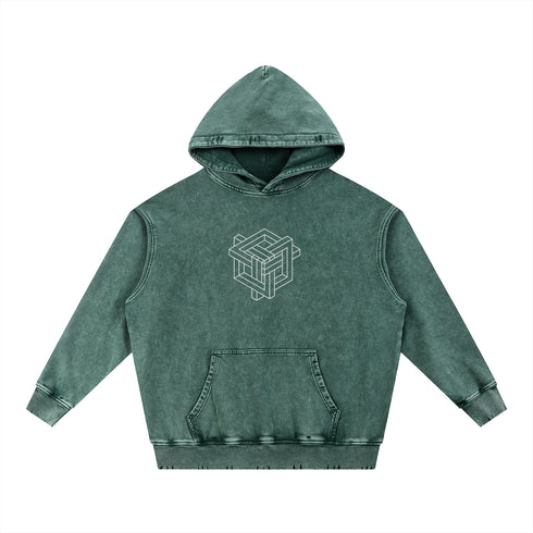 Green hoodie with geometric logo on a white background