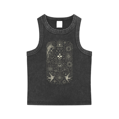 Ethereal Muse snow-washed tank top in black with white psychedelic goddess and celestial design