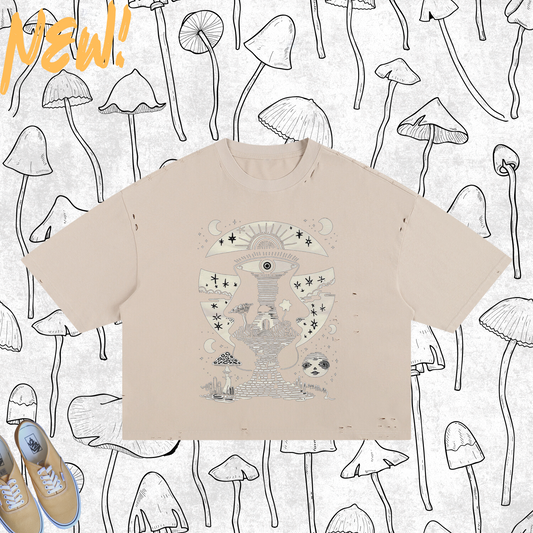 Lunar Enigma Frayed Boxy Tee with Esoteric Lunar Design for Music Festivals and Streetwear