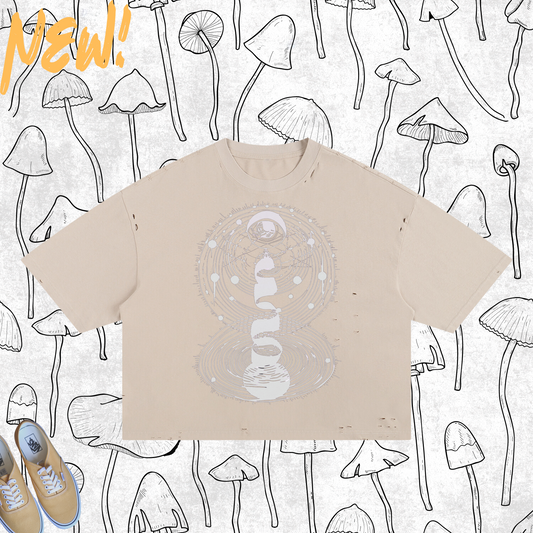 Cosmic Connection Frayed Boxy Tee with Celestial Spiral Design for Music Festivals and Psychedelic Streetwear