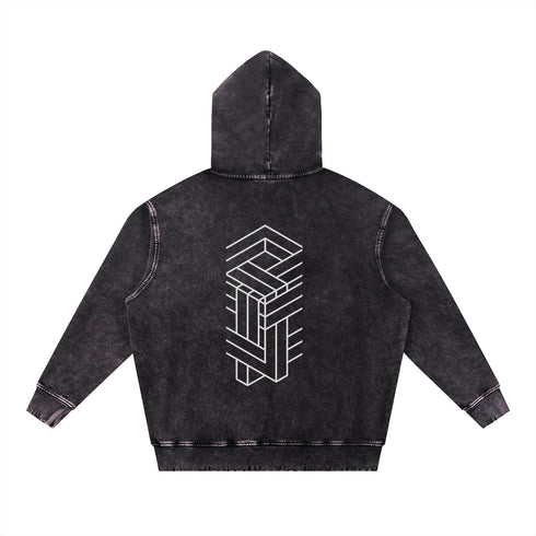 Black denim hoodie with geometric design on the back against a white background