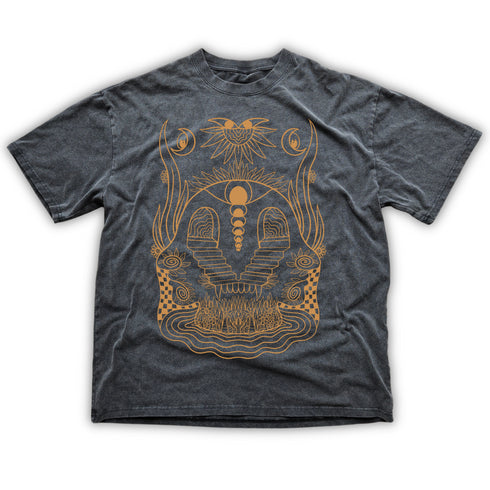 Enigma fluffy vintage washed T-shirt in dark gray with intricate gold psychedelic graphic featuring mystical temple and cosmic motifs