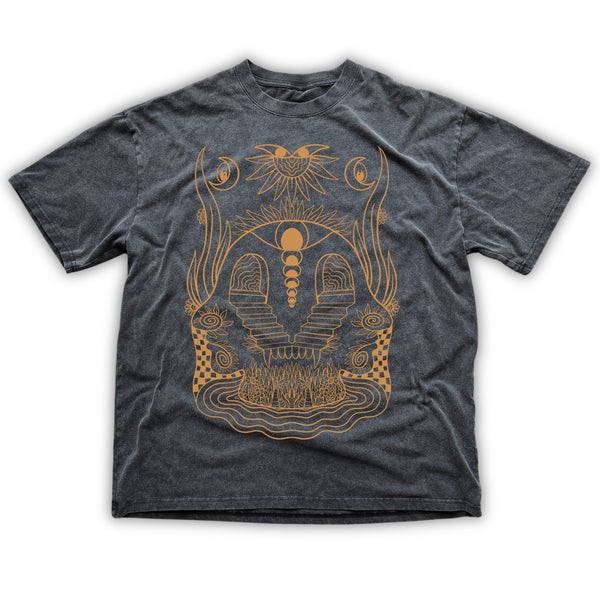 Enigma fluffy vintage washed T-shirt in dark gray with intricate gold psychedelic graphic featuring mystical temple and cosmic motifs