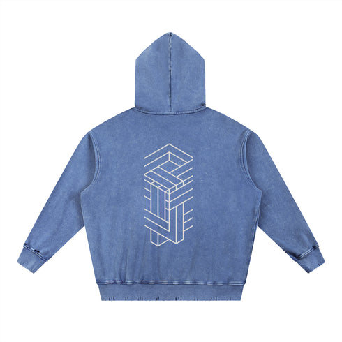 Blue hoodie with geometric design on the back against a white background