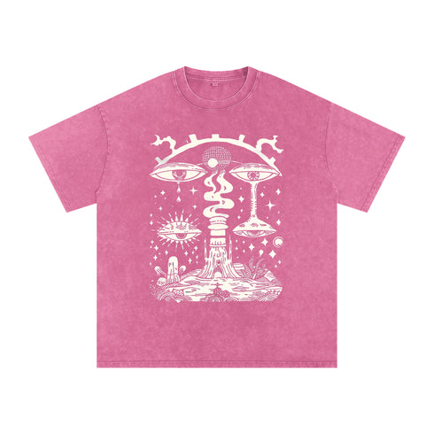Pink t-shirt with white graphic design on a white background