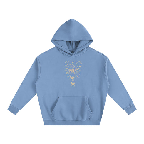 Blue hoodie with a gold geometric design on a white background