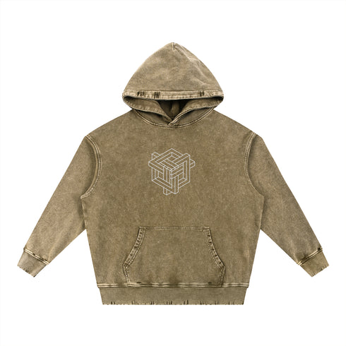 Brown hoodie with geometric logo on a white background