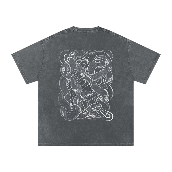 Black t-shirt with white abstract snake design on a white background