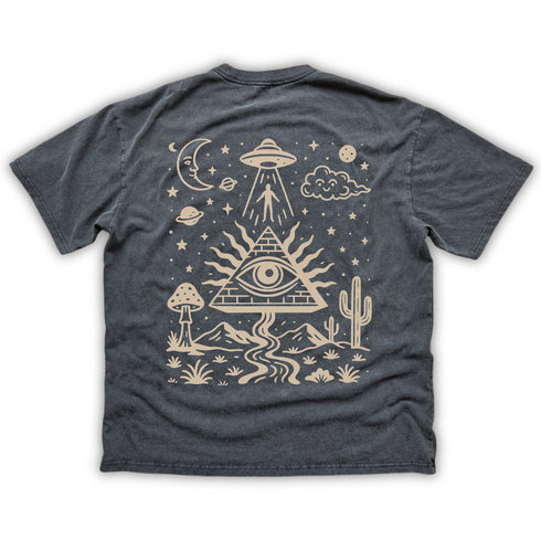 Dark gray t-shirt with a white graphic design on the back featuring a UFO, pyramid, and other symbols.