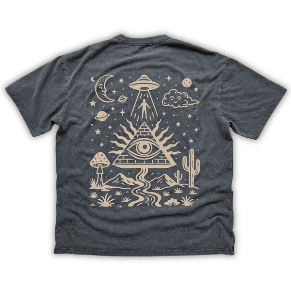 Dark gray t-shirt with a white graphic design on the back featuring a UFO, pyramid, and other symbols.
