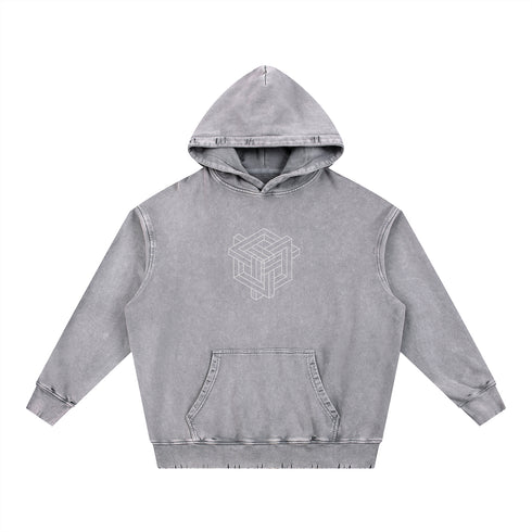 Gray hoodie with geometric design on a white background