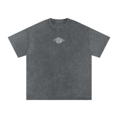 Gray t-shirt with a small logo on a white background