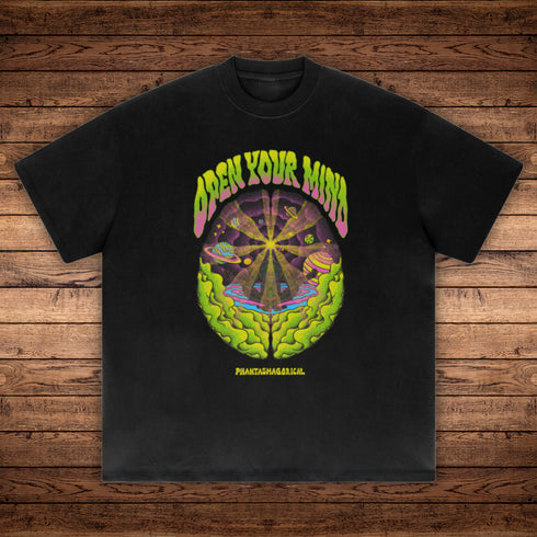 Front of the Open Your Mind tee. a heavyweight 425 GSM cotton t-shirt featuring a psychedelic graphic depicting the connectedness of the universe.