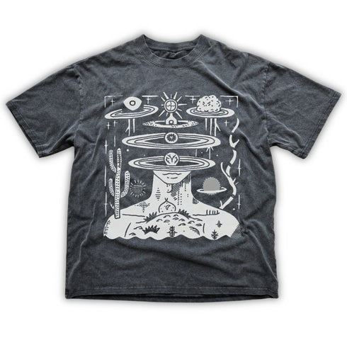 Dark gray t-shirt with white graphic design on a white background