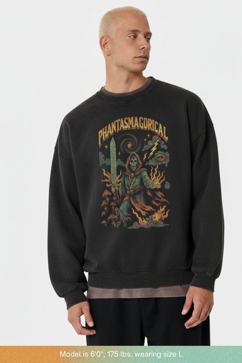 Person wearing a black sweatshirt with a colorful graphic design on a white background