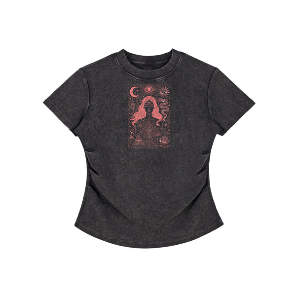 Cosmic Siren vintage-wash bodycon t-shirt in dark gray with red cosmic siren artwork