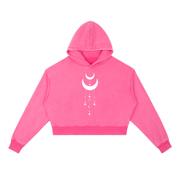 Phantasmagorical Dreamstate women's cropped hoodie in vintage washed rose red. Heavyweight 400gsm cotton with raw hem and esoteric streetwear styling.