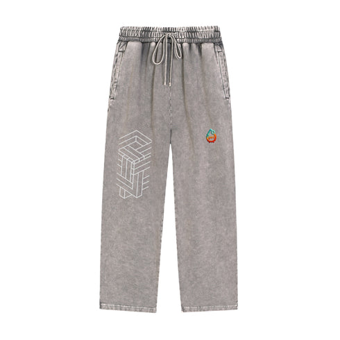 Gray sweatpants with geometric design on a white background