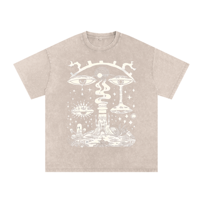 Paradoxical Perspective acid wash tee in beige with psychedelic eyes and cosmic design