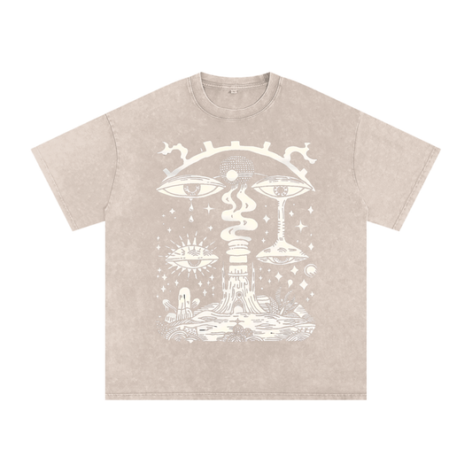 Paradoxical Perspective acid wash tee in beige with psychedelic eyes and cosmic design