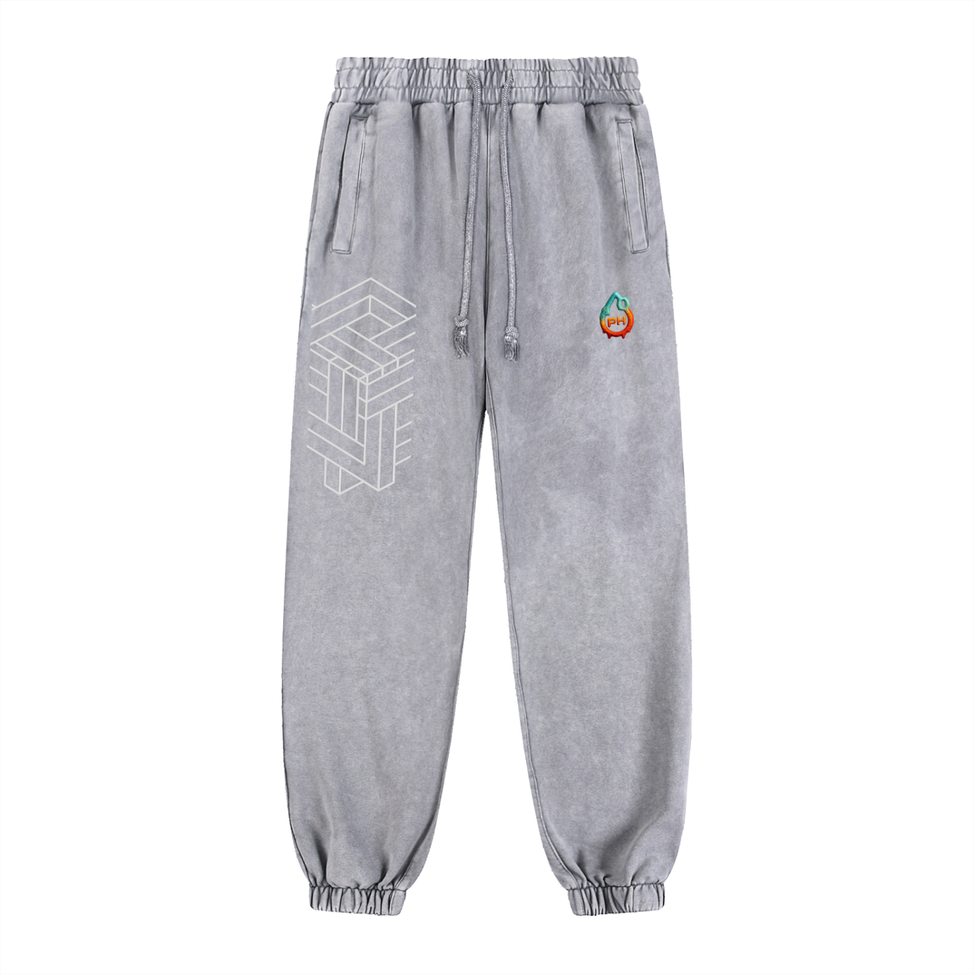 Gray sweatpants with geometric design and colorful logo on a white background