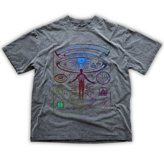 Gray t-shirt with a colorful graphic design on a white background