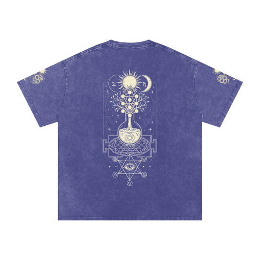 Blue t-shirt with a white geometric design on the back against a white background