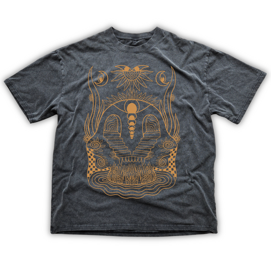 Enigma fluffy vintage washed T-shirt in dark gray with intricate gold psychedelic graphic featuring mystical temple and cosmic motifs