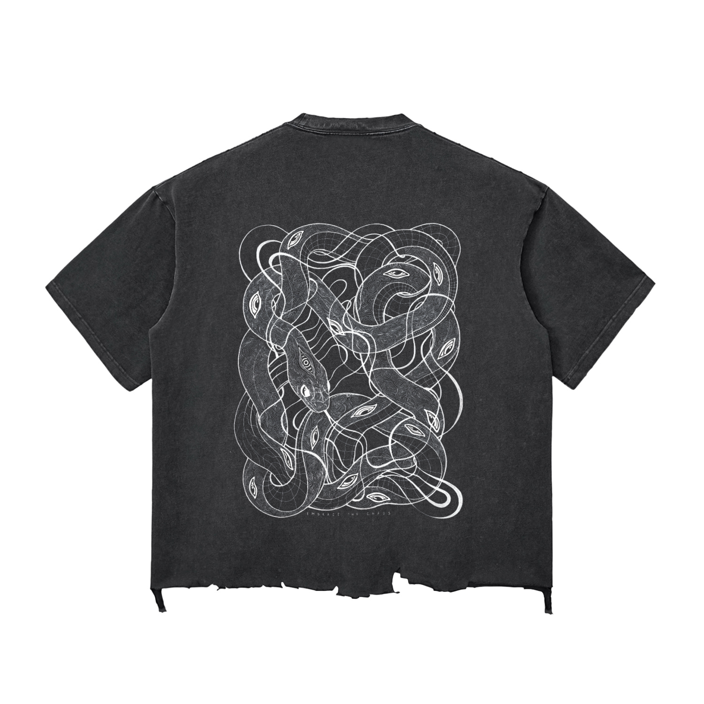 Black t-shirt with white snake design on the back against a white background