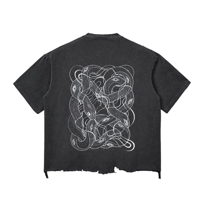 Black t-shirt with white snake design on the back against a white background