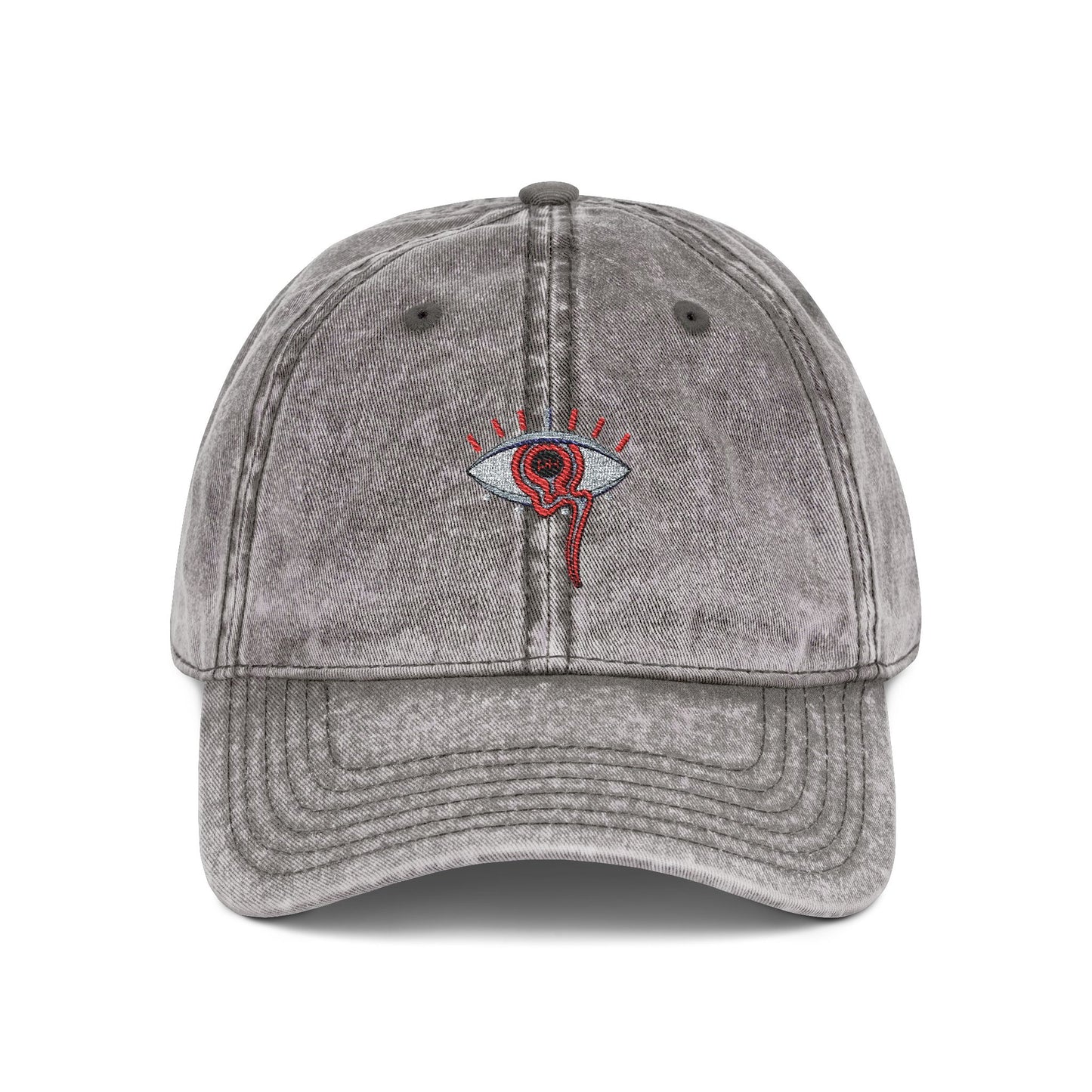 Gray cap with an embroidered design on a white background