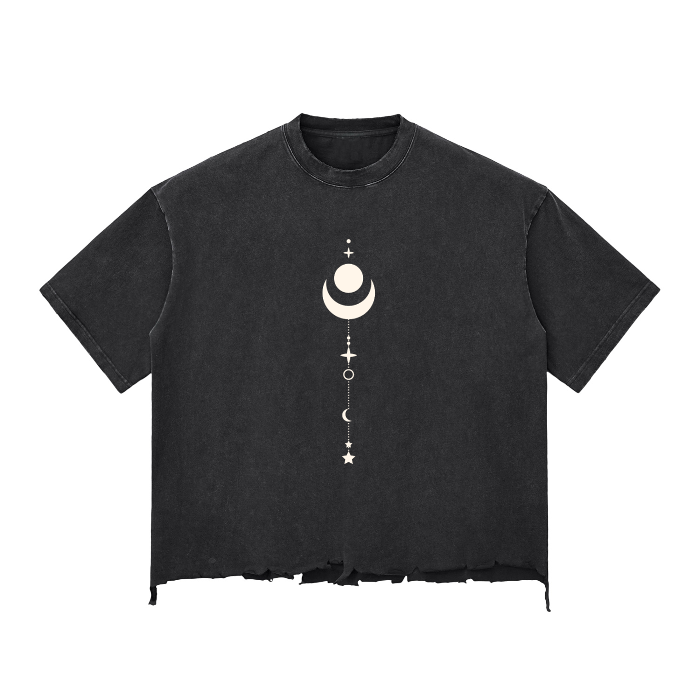 Black t-shirt with white celestial design on a white background
