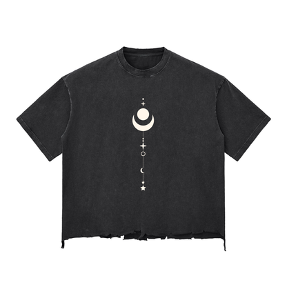 Black t-shirt with white celestial design on a white background