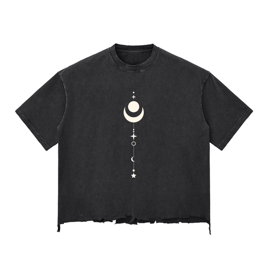 Black t-shirt with white celestial design on a white background
