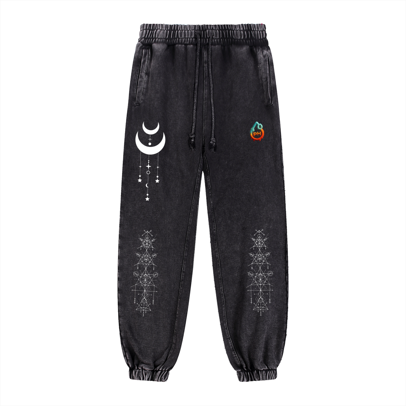 Black jogger pants with celestial design on a white background