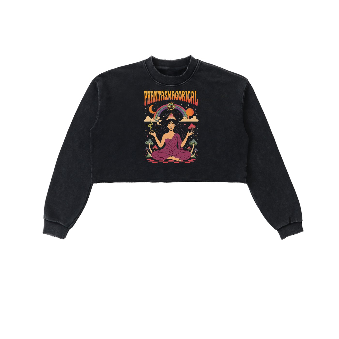 Mystic Maiden snow-washed raw edge cropped sweatshirt in black with psychedelic graphic of mystical maiden and cosmic motifs
