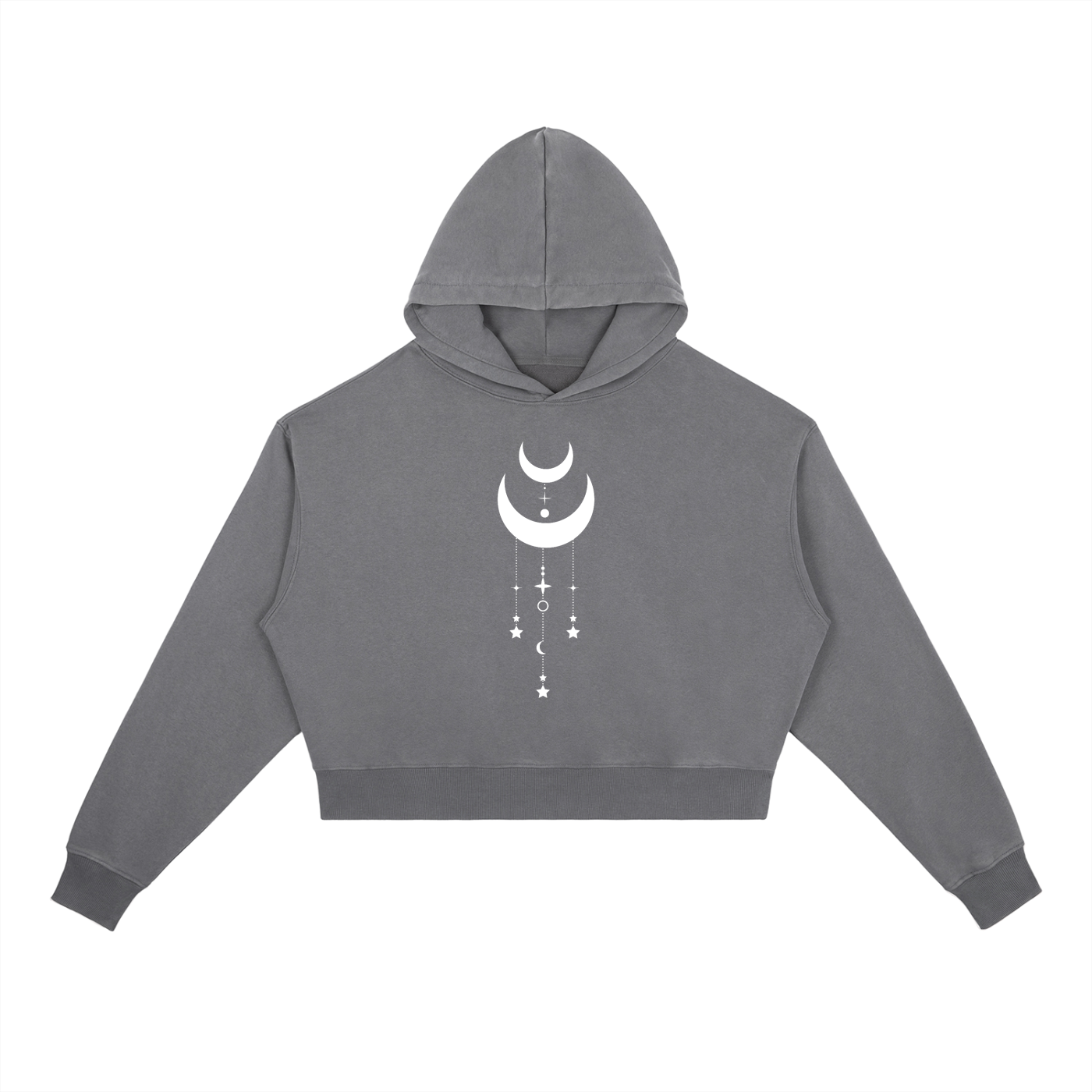 Gray hoodie with a white celestial design on a white background