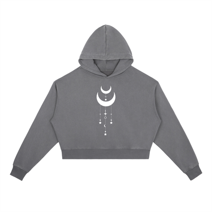 Gray hoodie with a white celestial design on a white background