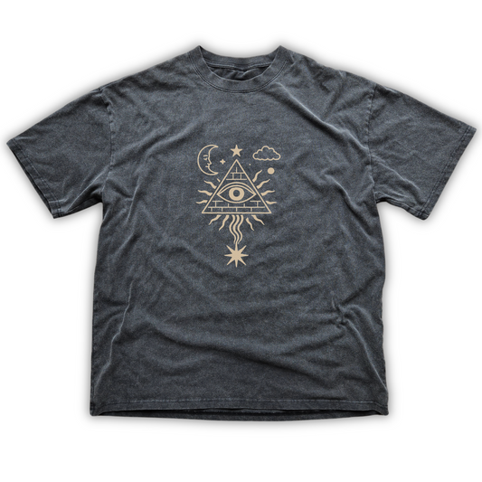 Gray t-shirt with a gold pyramid and eye design on a white background