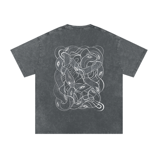 Black t-shirt with white abstract snake design on a white background