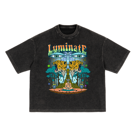 Luminate waffle-texture washed boxy t-shirt in black with vibrant psychedelic cosmic artwork, mystical landscapes, and "Luminate" text