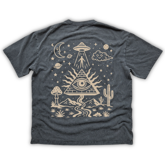 Dark gray t-shirt with a white graphic design on the back featuring a UFO, pyramid, and other symbols.
