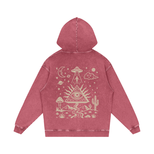 Red hoodie with white graphic design on a white background