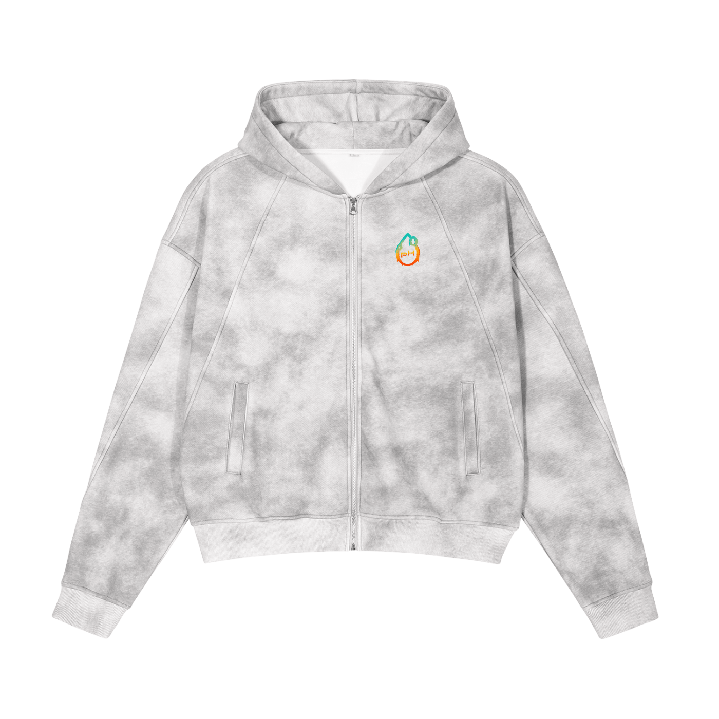 Gray dirty-washed hoodie with a small Phantasmagorical logo on a white background