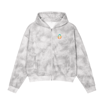 Gray dirty-washed hoodie with a small Phantasmagorical logo on a white background