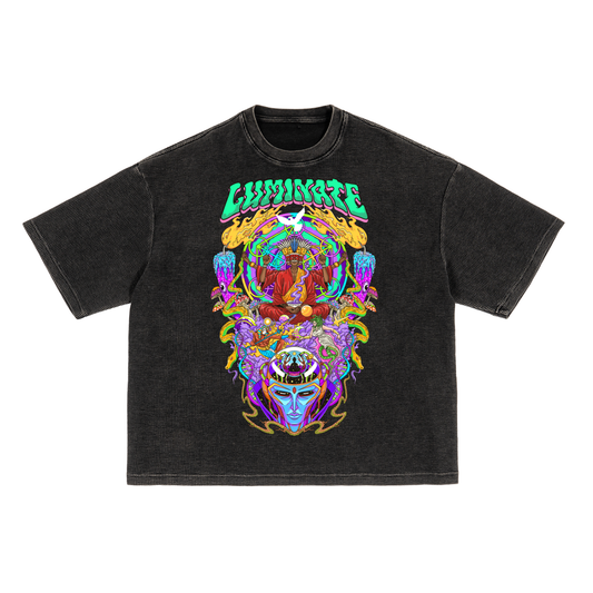 Luminate 2.0 waffle-texture washed boxy t-shirt in black with vibrant psychedelic cosmic artwork and luminous text.