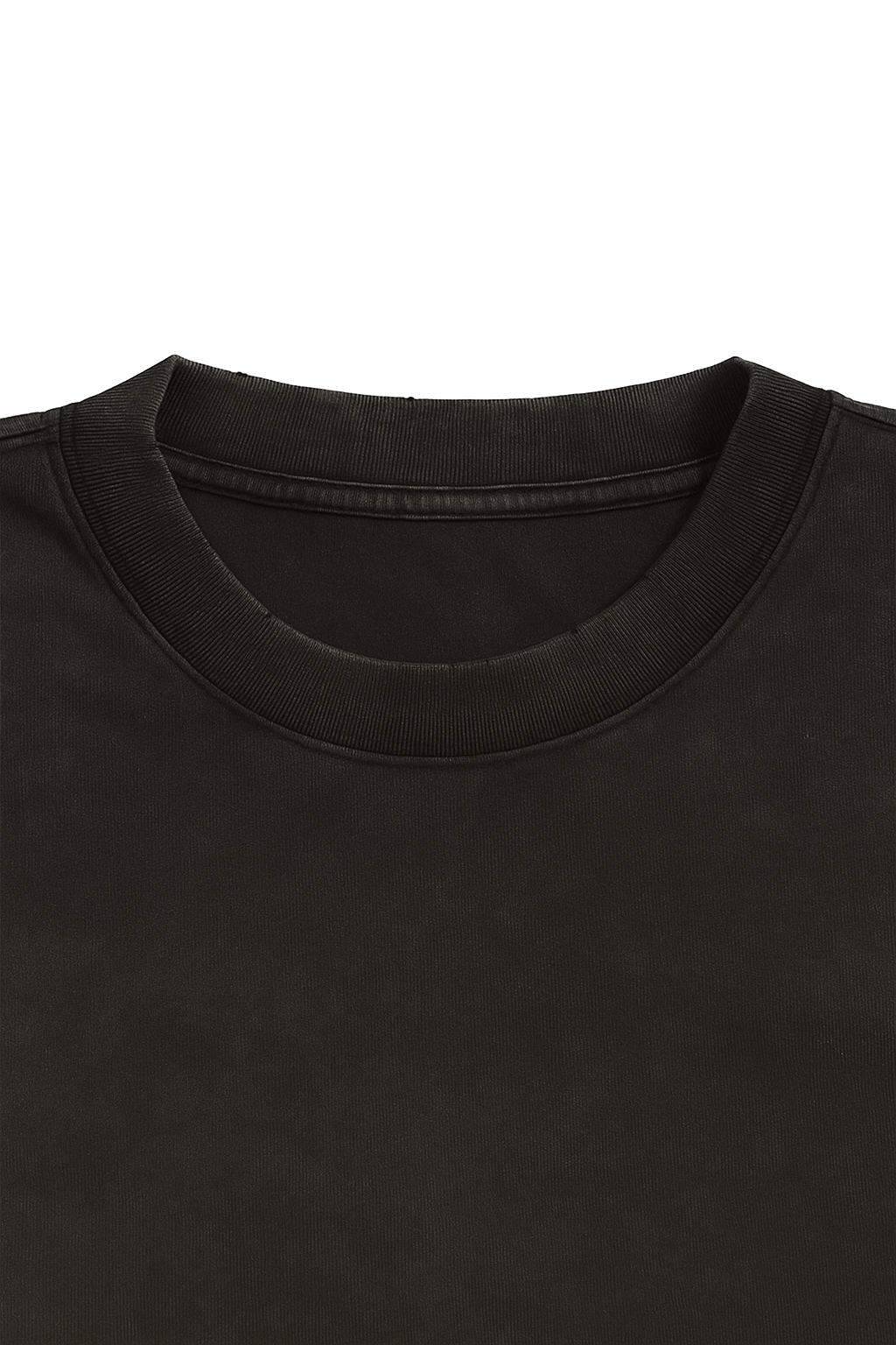Close-up of a black t-shirt collar on a white background