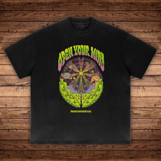 Front of the Open Your Mind tee. a heavyweight 425 GSM cotton t-shirt featuring a psychedelic graphic depicting the connectedness of the universe. 