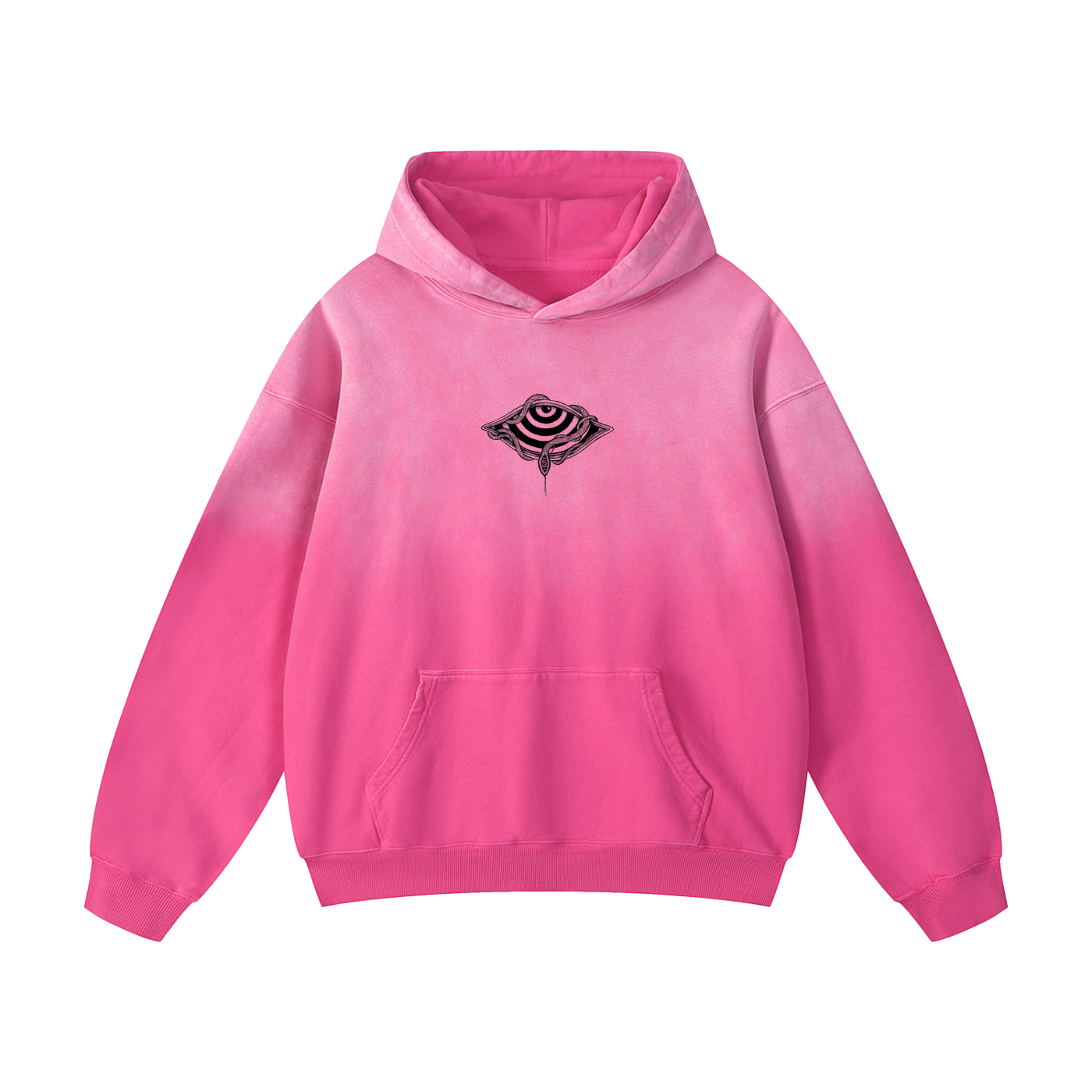 Pink hoodie with a black snake eye design at the center of the chest
